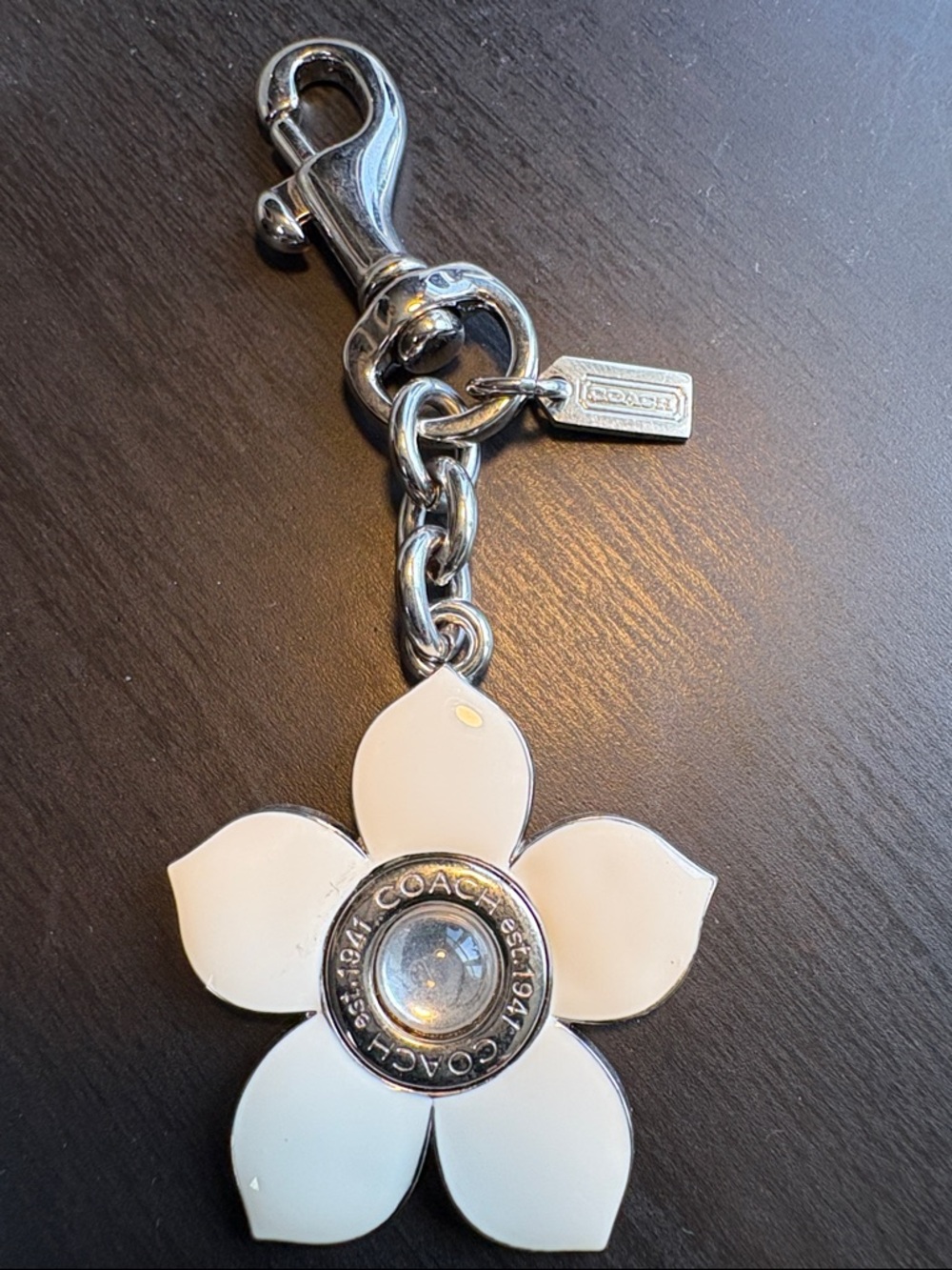 Coach Silver-Tone White Flower Bag Charm Keychain